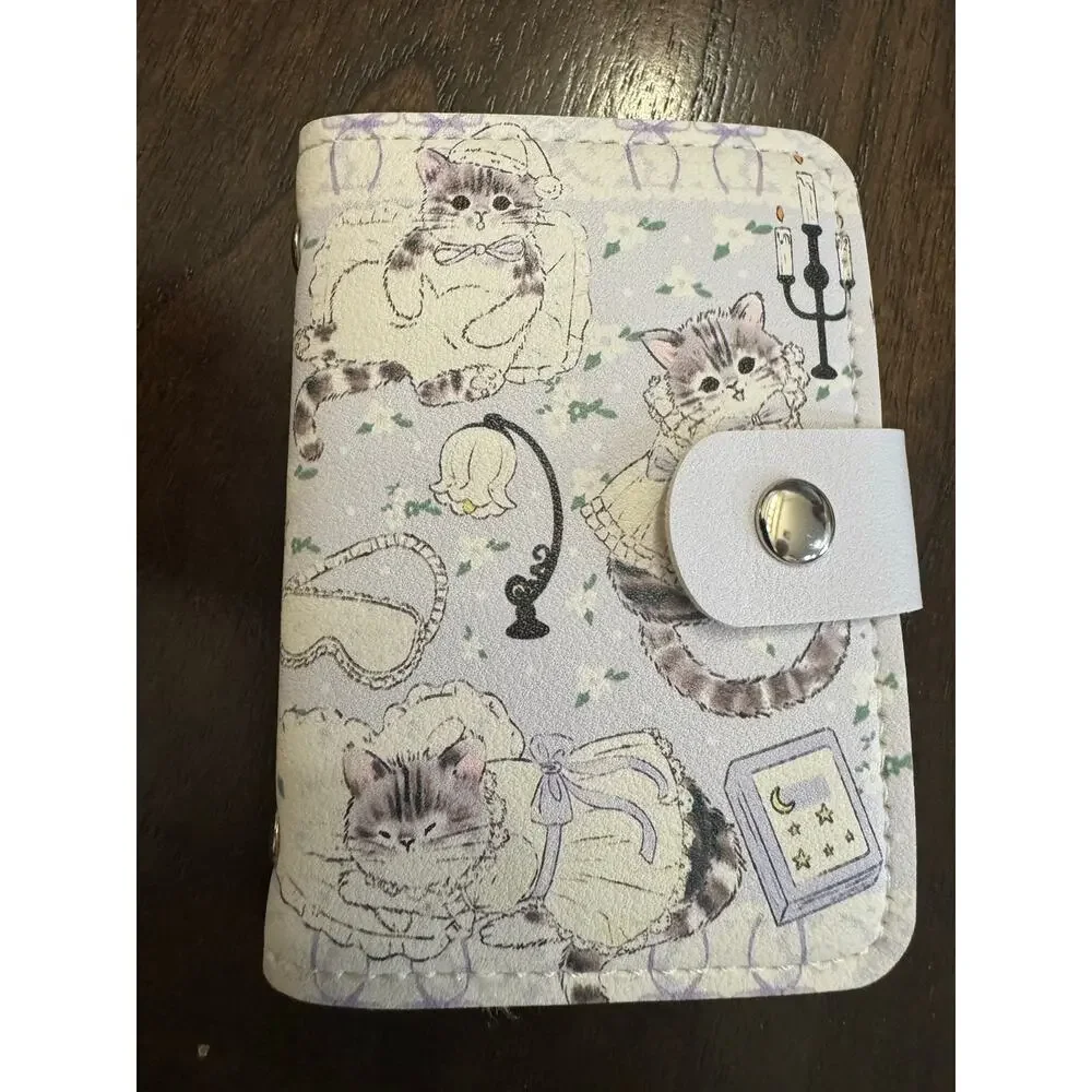 Purple & white cat card wallet illustrations of cats various poses and outfits